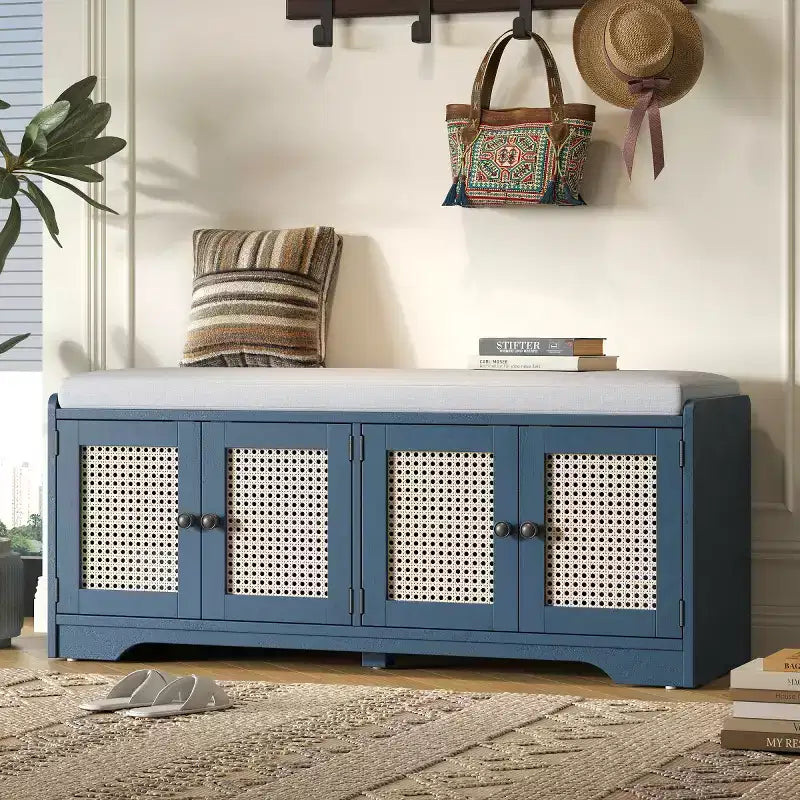 Banc d'entrée rustique en rotin 47" avec rangement, Banc à chaussures d'entrée avec coussin amovible pour couloir ou salon