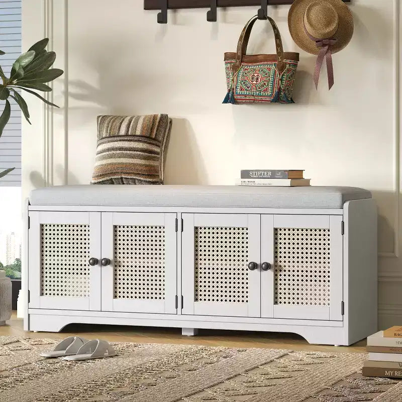 Banc d'entrée rustique en rotin 47" avec rangement, Banc à chaussures d'entrée avec coussin amovible pour couloir ou salon