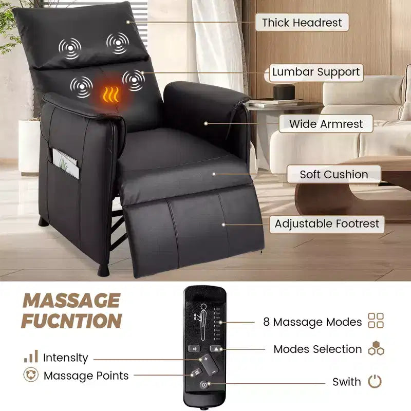 Fauteuil inclinable électrique avec fonction chauffante et massante, canapé inclinable individuel réglable en cuir PU, siège de théâtre et fauteuil pour salon/bureau
