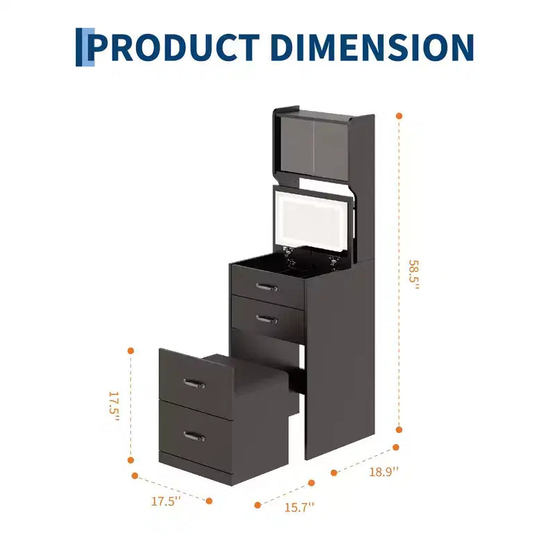 Coiffeuse 3-en-1 avec LED 3 couleurs, Table de maquillage avec tiroirs et portes en acrylique, Coiffeuse compacte avec 2 prises CA et USB, Table de chevet
