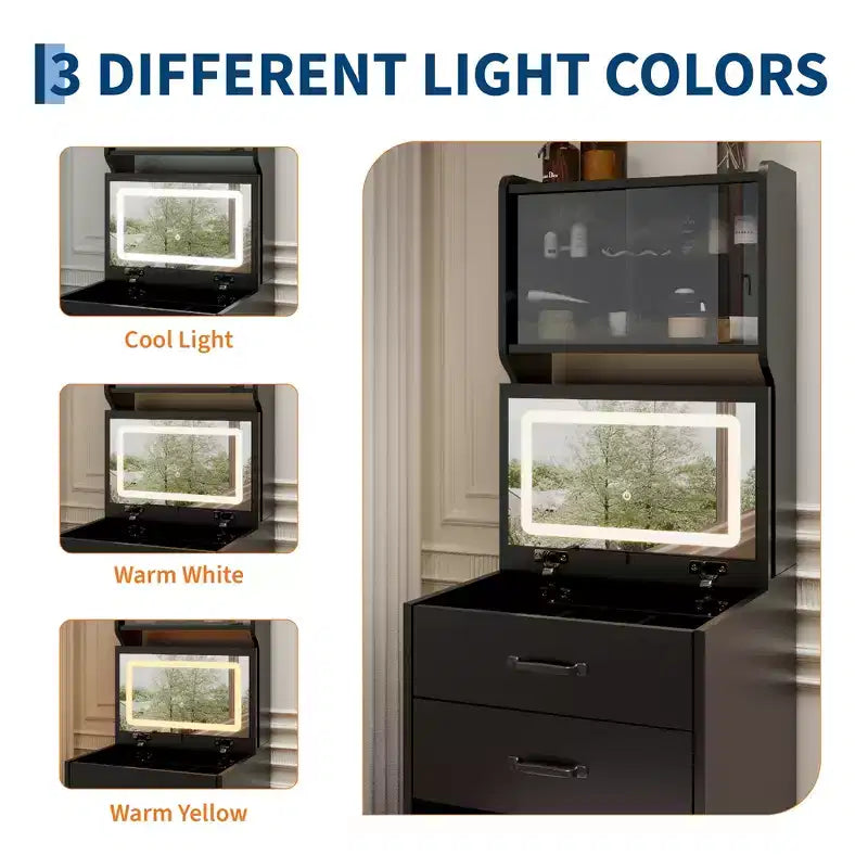 Coiffeuse 3-en-1 avec LED 3 couleurs, Table de maquillage avec tiroirs et portes en acrylique, Coiffeuse compacte avec 2 prises CA et USB, Table de chevet
