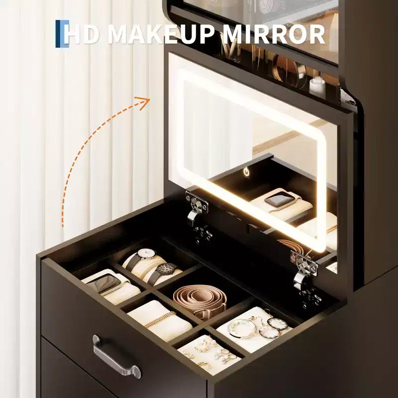 Coiffeuse 3-en-1 avec LED 3 couleurs, Table de maquillage avec tiroirs et portes en acrylique, Coiffeuse compacte avec 2 prises CA et USB, Table de chevet