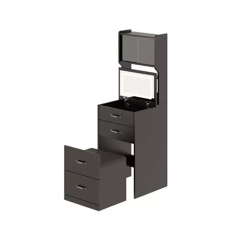 Coiffeuse 3-en-1 avec LED 3 couleurs, Table de maquillage avec tiroirs et portes en acrylique, Coiffeuse compacte avec 2 prises CA et USB, Table de chevet