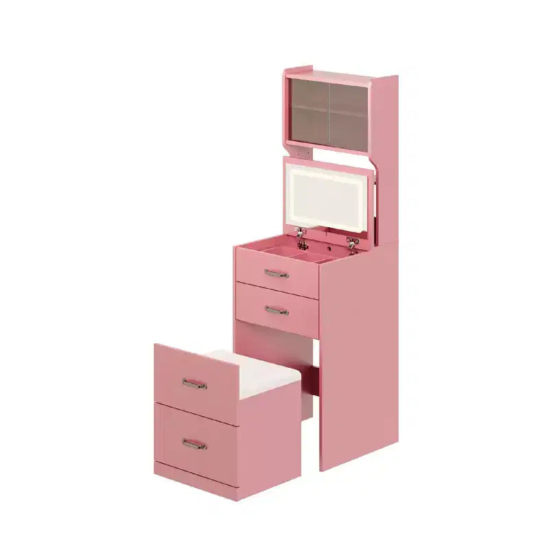 Coiffeuse 3-en-1 avec LED 3 couleurs, Table de maquillage avec tiroirs et portes en acrylique, Coiffeuse compacte avec 2 prises CA et USB, Table de chevet