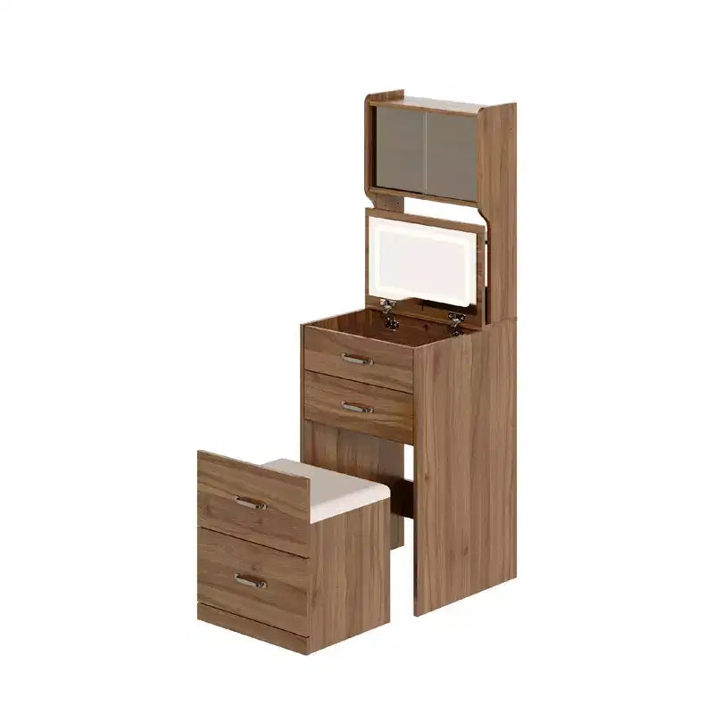 COZONY 3-in-1 Vanity Desk w/ 3 Color LED, Dressing Table with Drawers &amp; Acrylic Doors, Compact Makeup Vanity Set with 2 AC Outlets &amp; USB, Nightstand