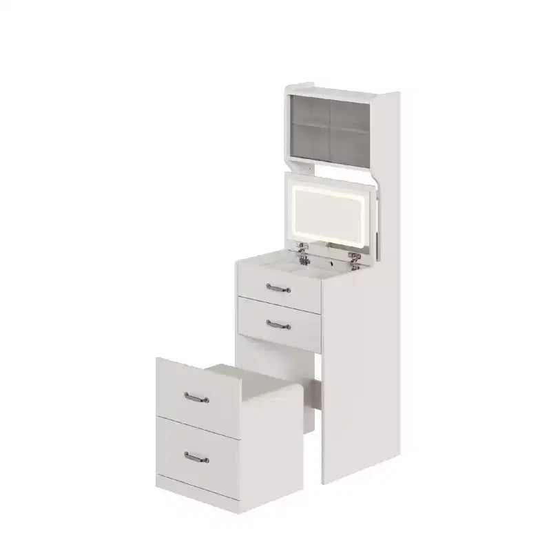Coiffeuse 3-en-1 avec LED 3 couleurs, Table de maquillage avec tiroirs et portes en acrylique, Coiffeuse compacte avec 2 prises CA et USB, Table de chevet