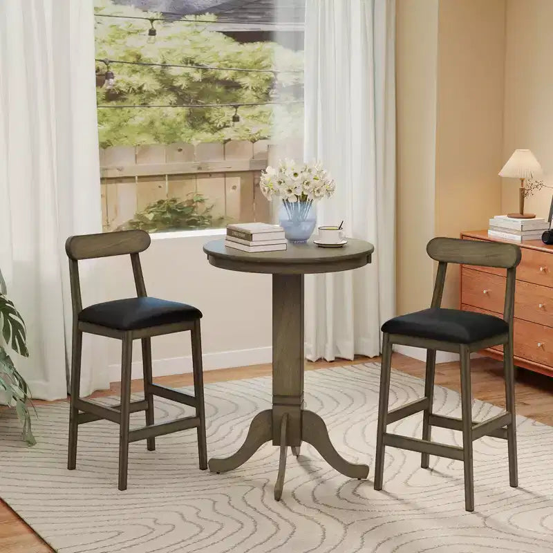 Table de bar ronde de 76 cm avec cadre en bois d'hévéa, élégant piedestal pour salle à manger Espresso/Chêne Gris