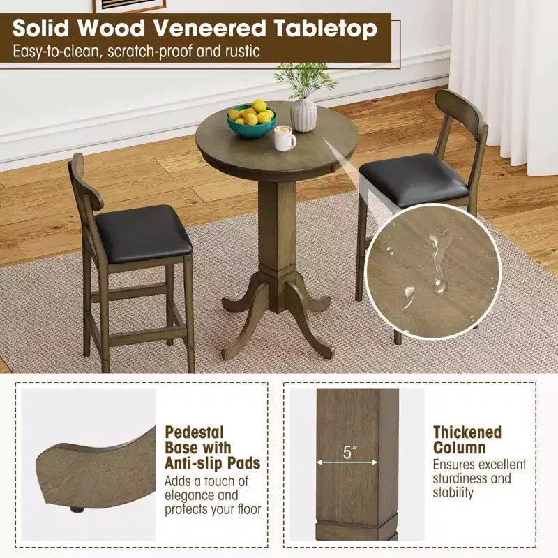 Table de bar ronde de 76 cm avec cadre en bois d'hévéa, élégant piedestal pour salle à manger Espresso/Chêne Gris