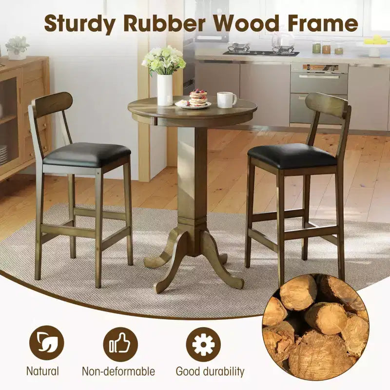 Table de bar ronde de 76 cm avec cadre en bois d'hévéa, élégant piedestal pour salle à manger Espresso/Chêne Gris