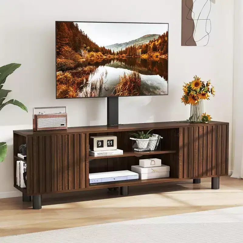 Meuble TV avec support pivotant et prise de courant pour téléviseurs 50/55/65 pouces pour salon, réglable en hauteur, Noyer