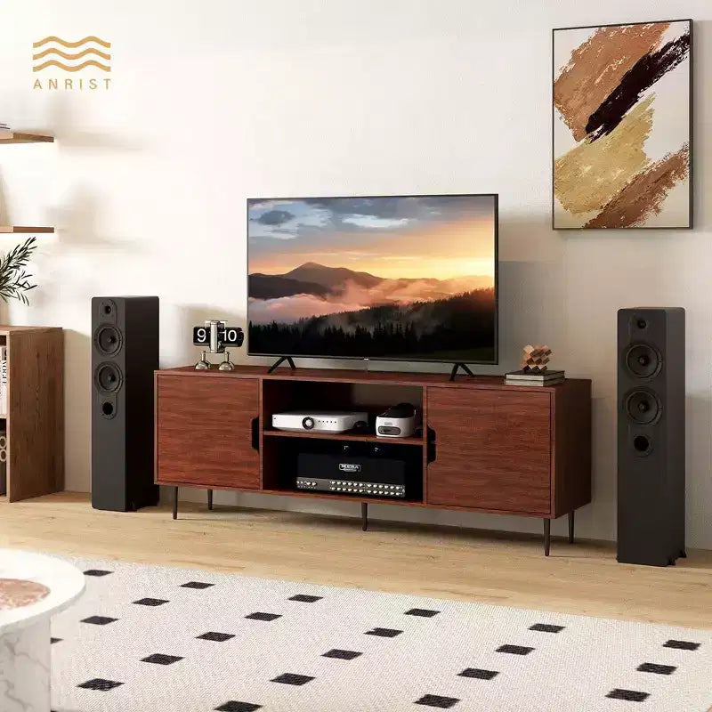 Meuble TV avec support pivotant et prise de courant pour téléviseurs 50/55/65 pouces pour salon, réglable en hauteur, Noyer