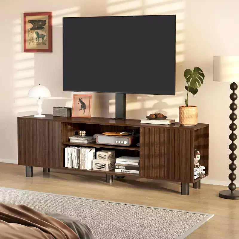 Meuble TV avec support pivotant et prise de courant pour téléviseurs 50/55/65 pouces pour salon, réglable en hauteur, Noyer