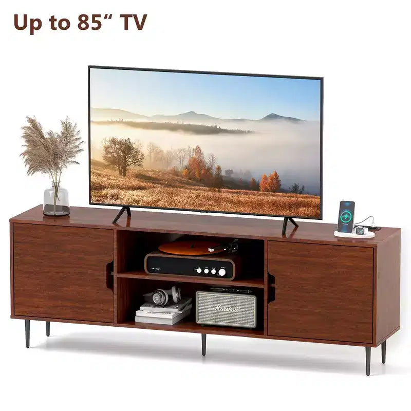 Skyzoo TV Stand with Swivel Mount &amp; Power Outlet for 50/55/65 inches TV for Living Room, Height Adjustable, Walnut