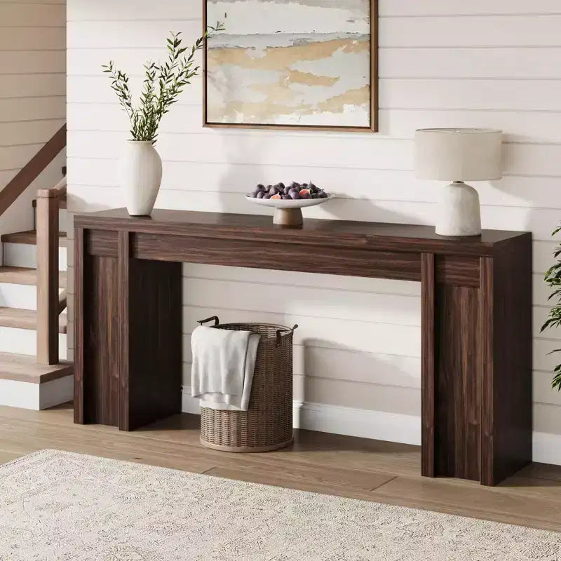 Console extra-longue en bois avec 2 tiroirs et 2 étagères de rangement, table d'appoint robuste et résistante aux marques pour entrée/salon