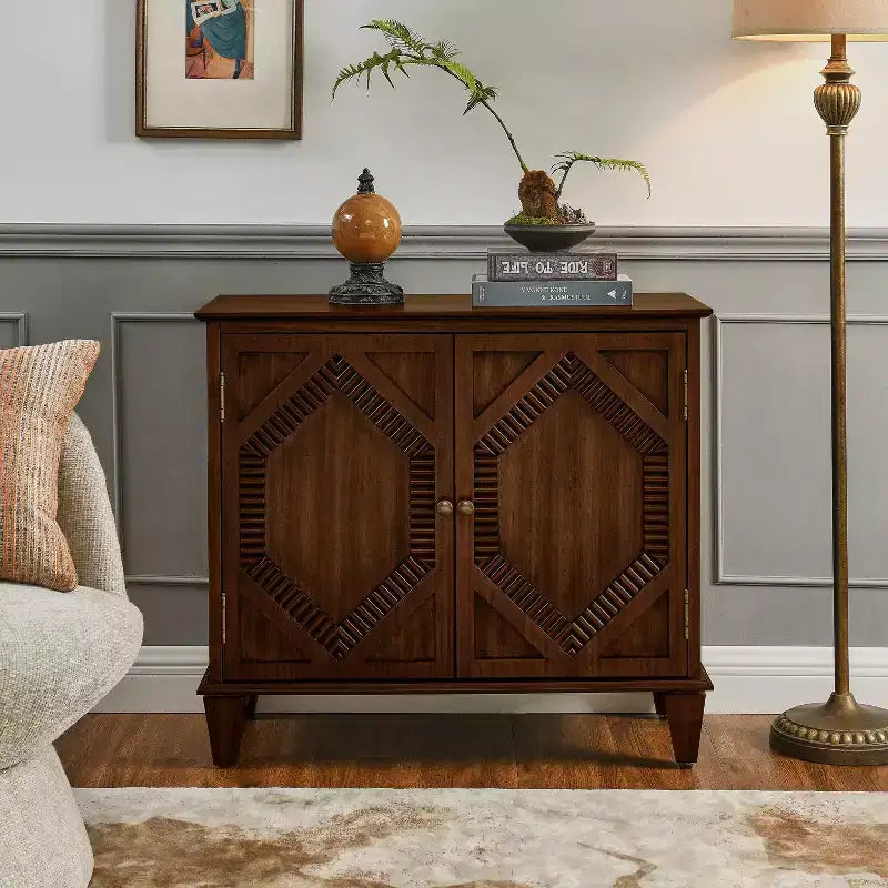 33.6 Buffet d'appoint rétro en bois avec rangement, meuble de rangement décoratif à motif géométrique symétrique, console média, crédence