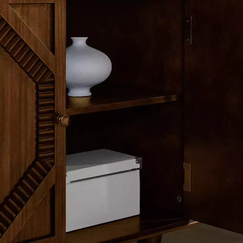 33.6 Buffet d'appoint rétro en bois avec rangement, meuble de rangement décoratif à motif géométrique symétrique, console média, crédence