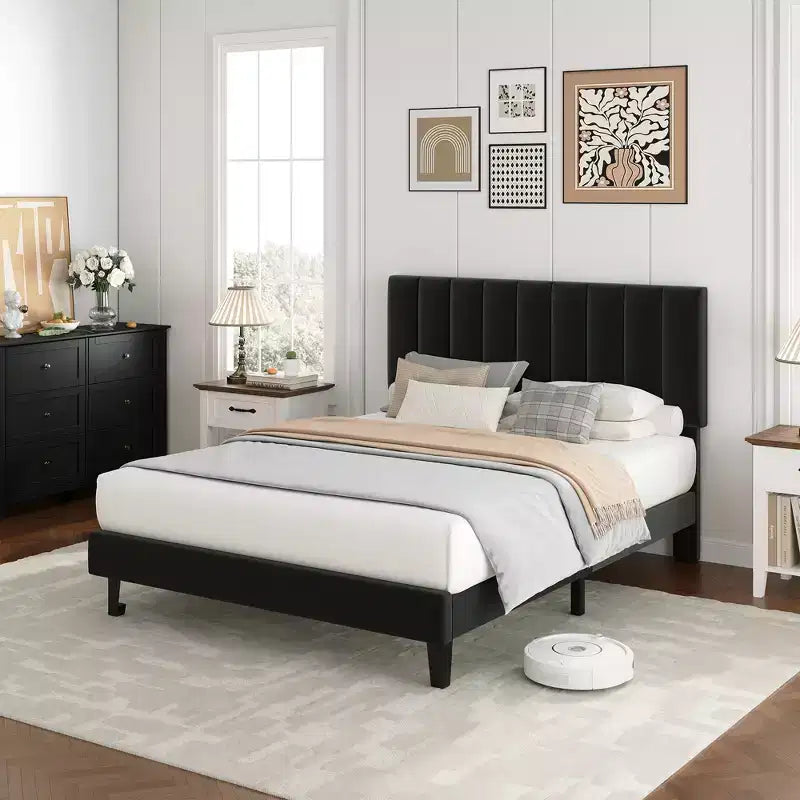 Full Platform Bed Frame with Adjustable Height Vertical Channel Tufted Headboard  Upholstered Bed with Sturdy Wooden Slats and Noise-Free Support