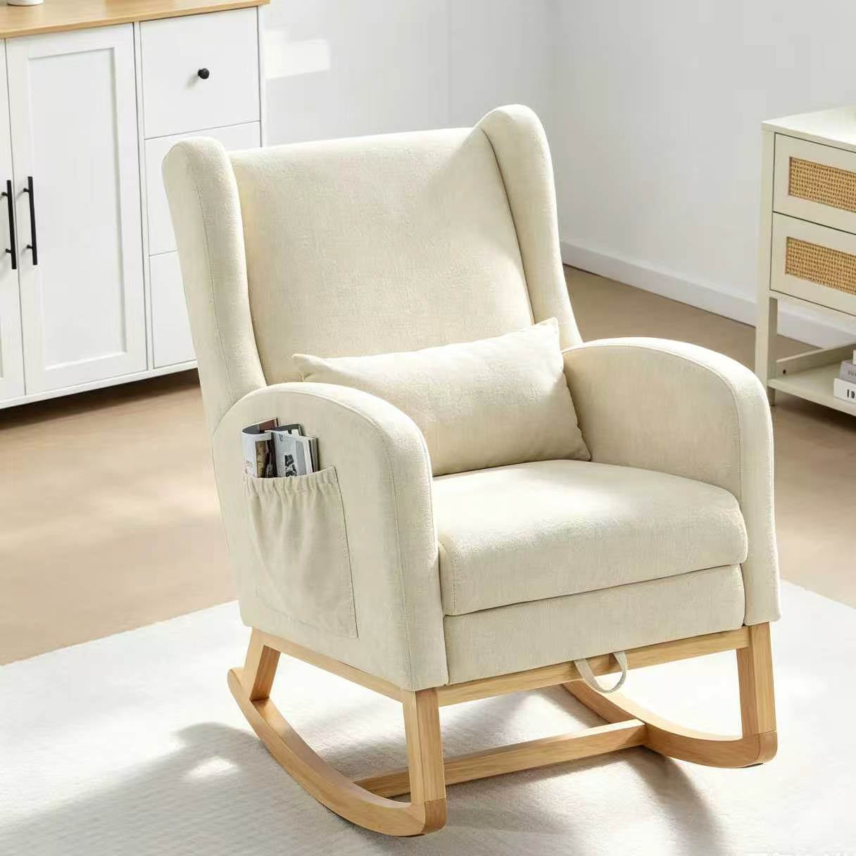 Fauteuil à bascule en chenille avec repose-pieds escamotable, pieds en bois massif, long patin antidérapant, soutien lombaire et poche latérale