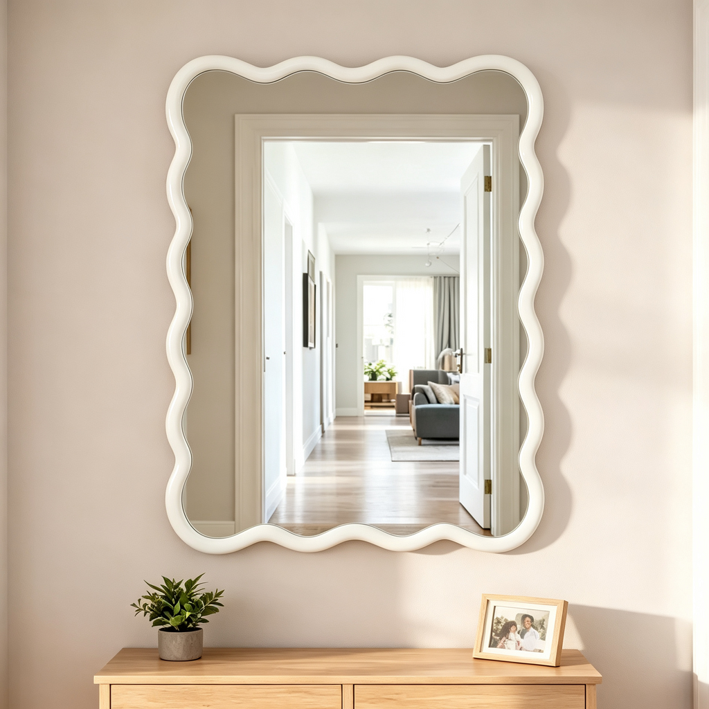 Miroir décoratif rectangulaire ondulé en bois massif 30 x 40 pour chambre, salle de bain et salon blanc